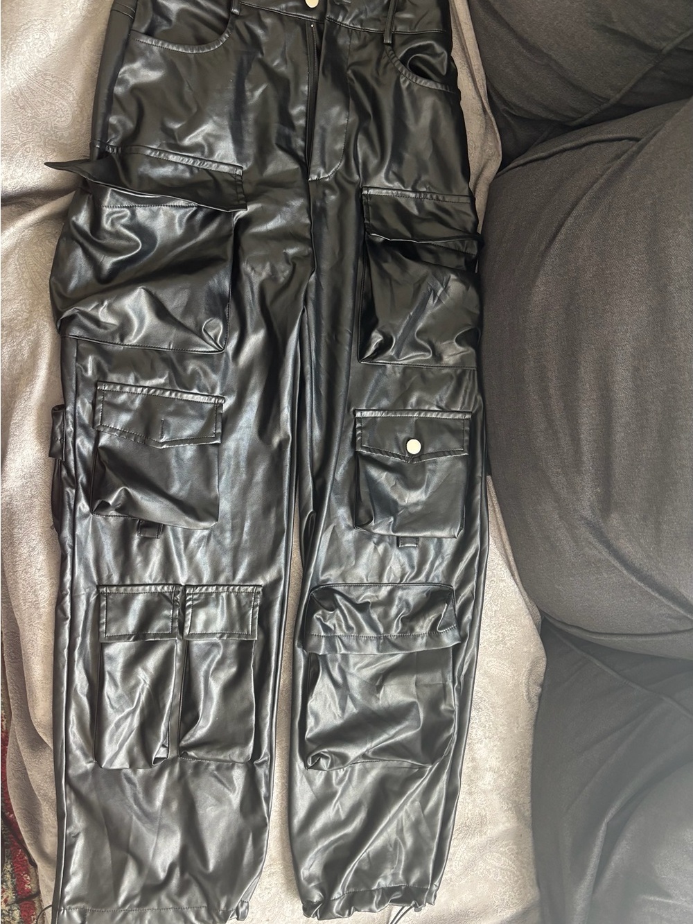 Black Faux Leather Cargo Pants – Size S – New